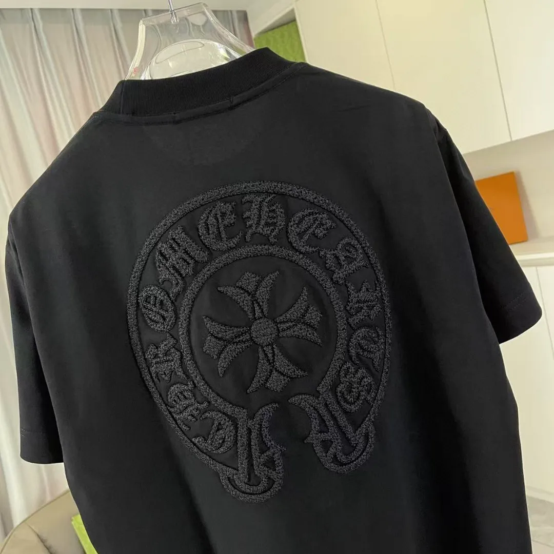 🅿️200 ch Crow* 2025 spring and summer new style Sanskrit horseshoe cross cross vacuum embroidery short-sleeved t-shirt custom fabric 300g same style for men and women Size: S M L XL XXL Five codes Color: black white